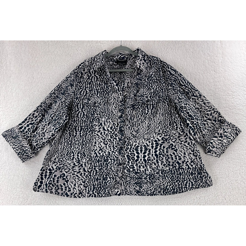 Foxcroft Black Animal Print Fitted Fit Button-Up Shirt Womens 3/4 Sleeveโ 26W